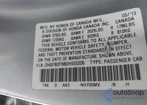 2013 Honda Civic Ex-L from USA, damaged, VIN 2HGFB2F98DH555206